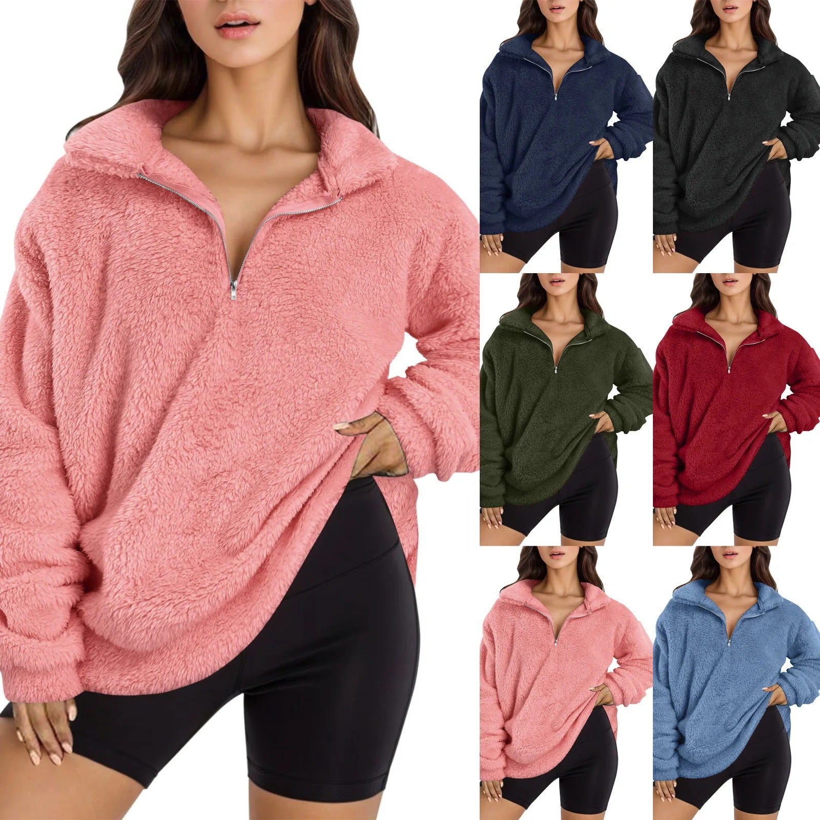 Damen Fleece-Pullover mit halbem Reißverschluss und Oversize-Schnitt R&B