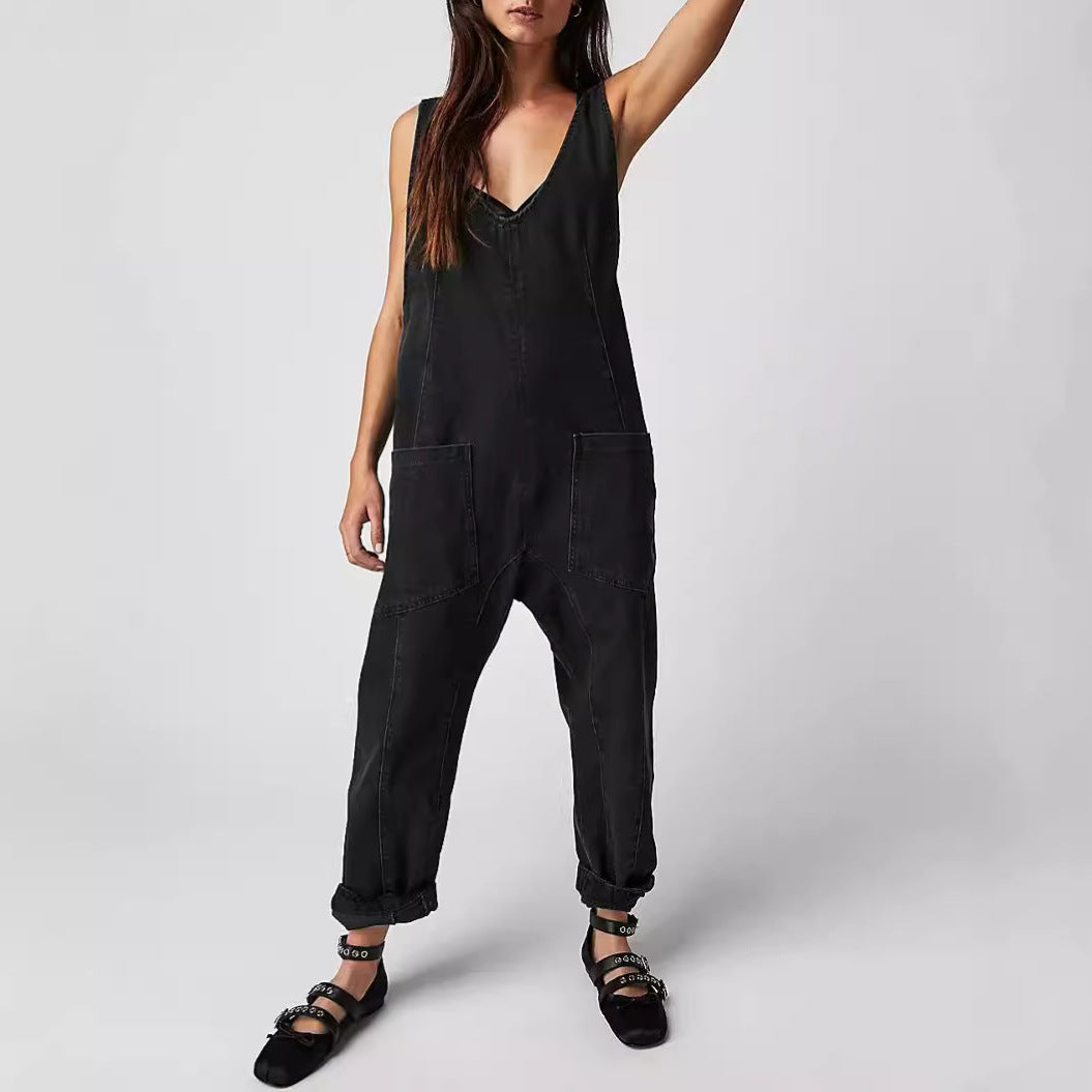 Damen Lässiger Denim-Overall mit großen Taschen R&B