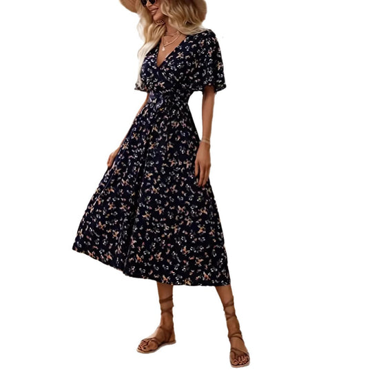Damen Wickelkleid mit floralem Design und modischem V-Ausschnitt R&B