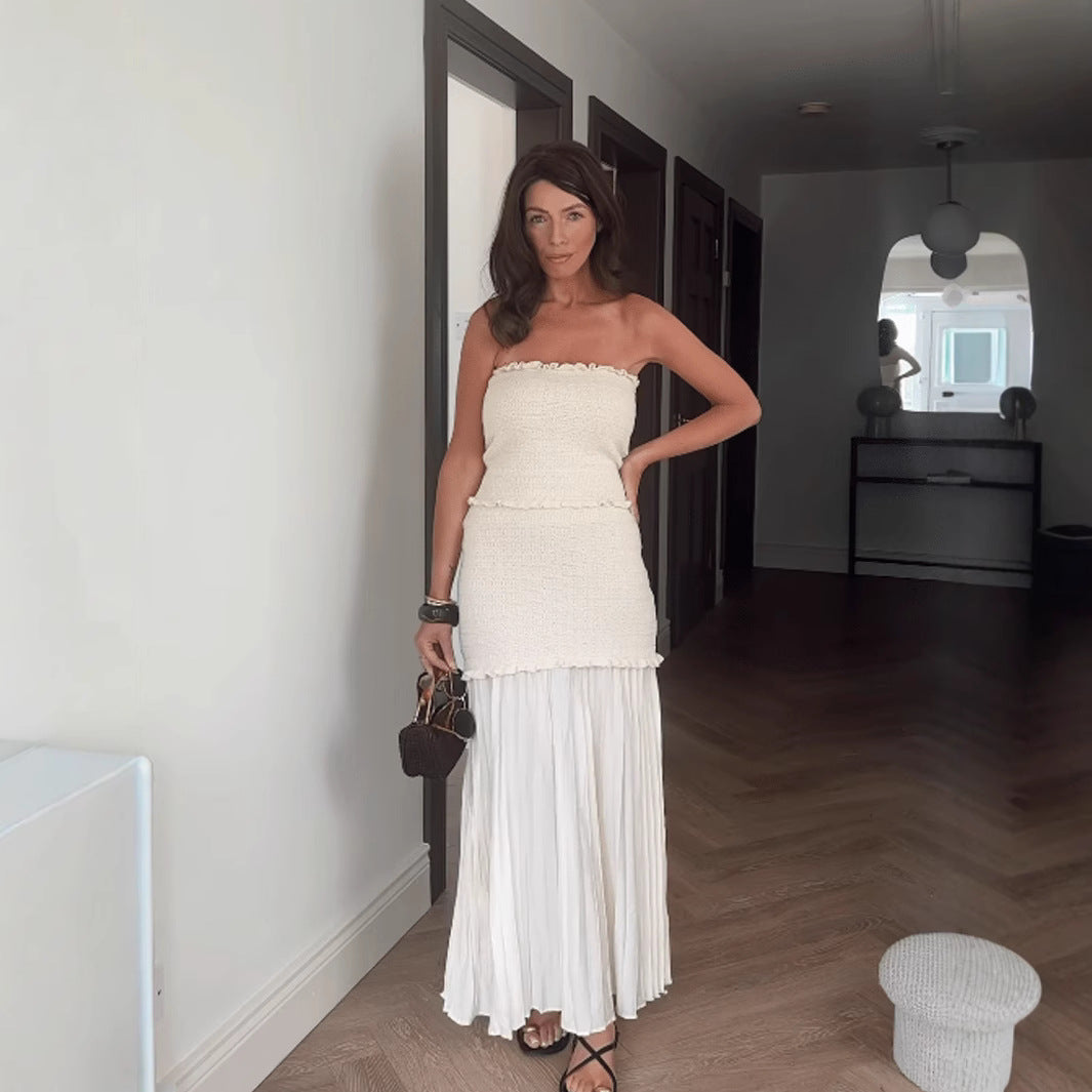 Damen modisches und elegantes Maxikleid mit Rüschendetails und plissiertem Rock R&B