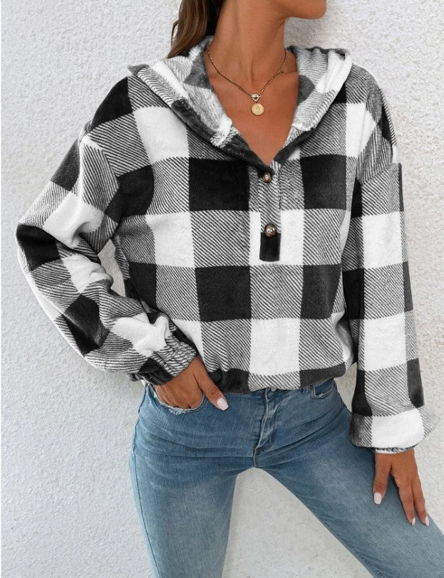 Damen Übergroßer Karierter Flanellpullover mit Kapuze R&B