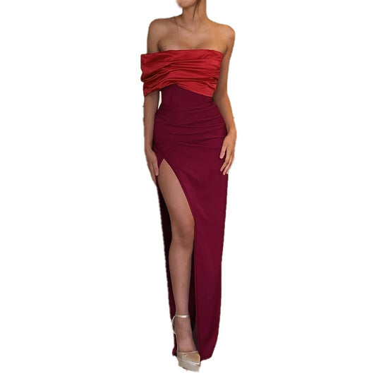 Damen schulterfreies Abendkleid mit elegantem Drapierungseffekt und hohem Schlitz R&B