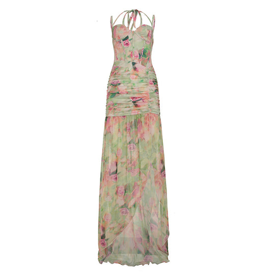 Damen Maxikleid mit fließendem Rüschendesign und floralem Muster R&B