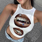 Damen Tanktop mit künstlerischem Lippenmotiv und figurbetontem Schnitt R&B