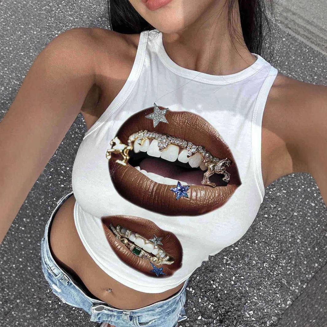 Damen Tanktop mit künstlerischem Lippenmotiv und figurbetontem Schnitt R&B