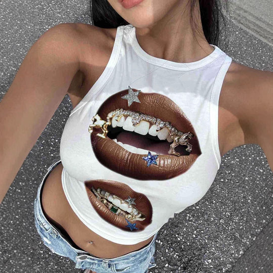 Damen Tanktop mit künstlerischem Lippenmotiv und figurbetontem Schnitt R&B
