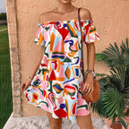 Damen Minikleid mit schulterfreiem Design und lR&Bhaftem Farbprint R&B