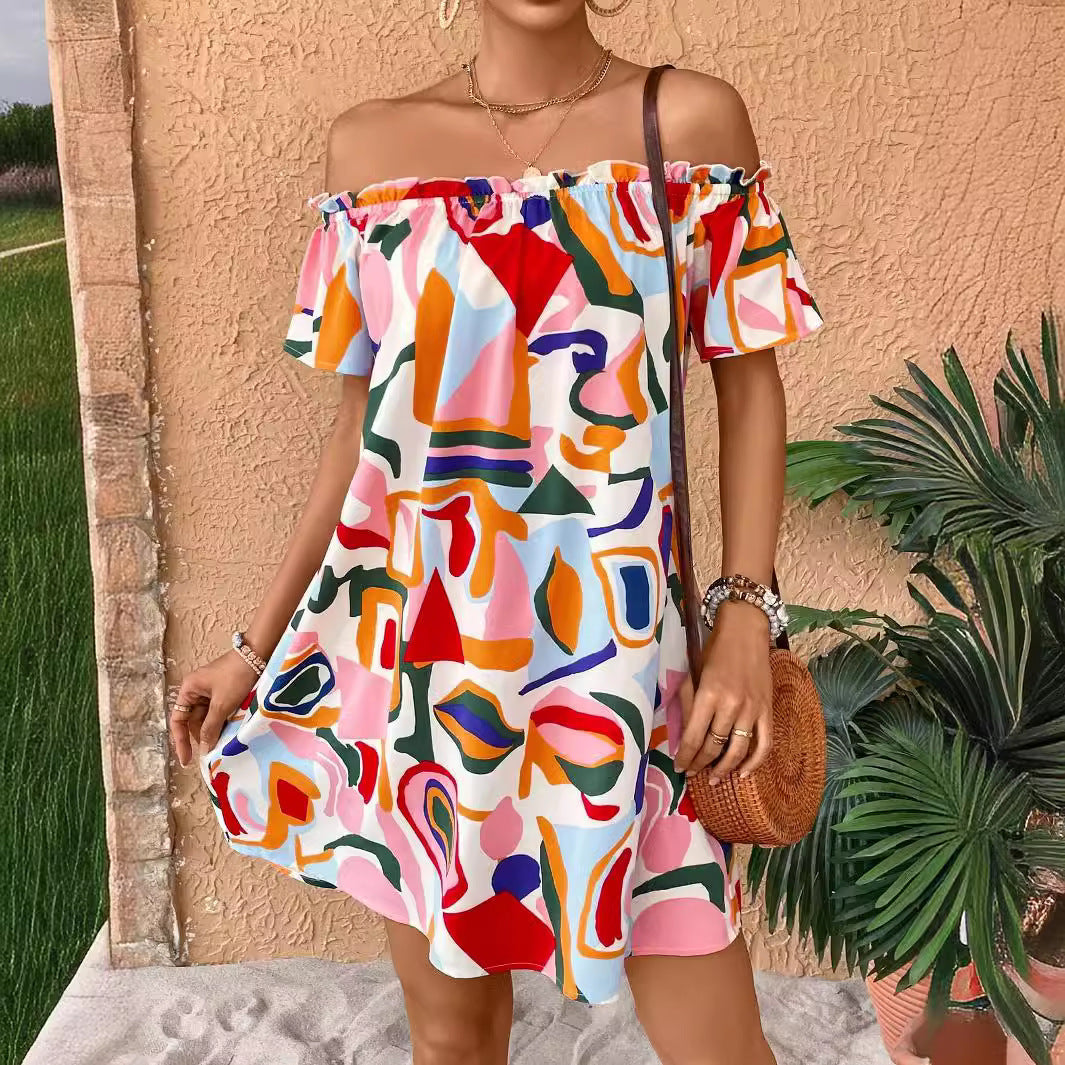Damen Minikleid mit schulterfreiem Design und lR&Bhaftem Farbprint R&B