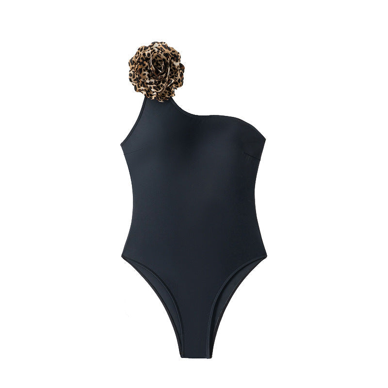 Damen Einseitiger Badeanzug mit elegantem Tiermuster und floralem Akzent R&B
