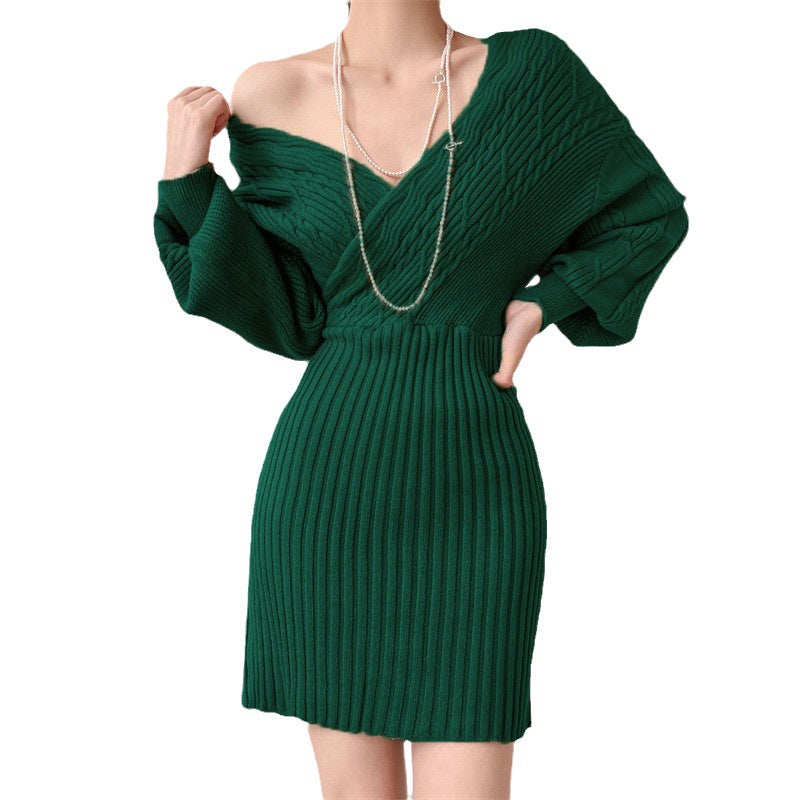Damen Elegantes Strickkleid mit V-Ausschnitt und besonderem Rippenmuster R&B