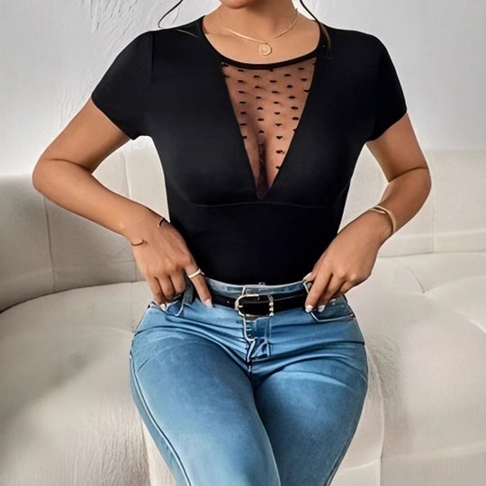 Damen Body mit tiefem V-Ausschnitt und transparenter Netzeinsätzen R&B