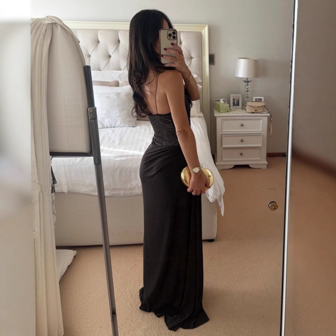 Damen Elegantes Cocktailkleid mit Spitzenoberteil und fließendem Rock R&B