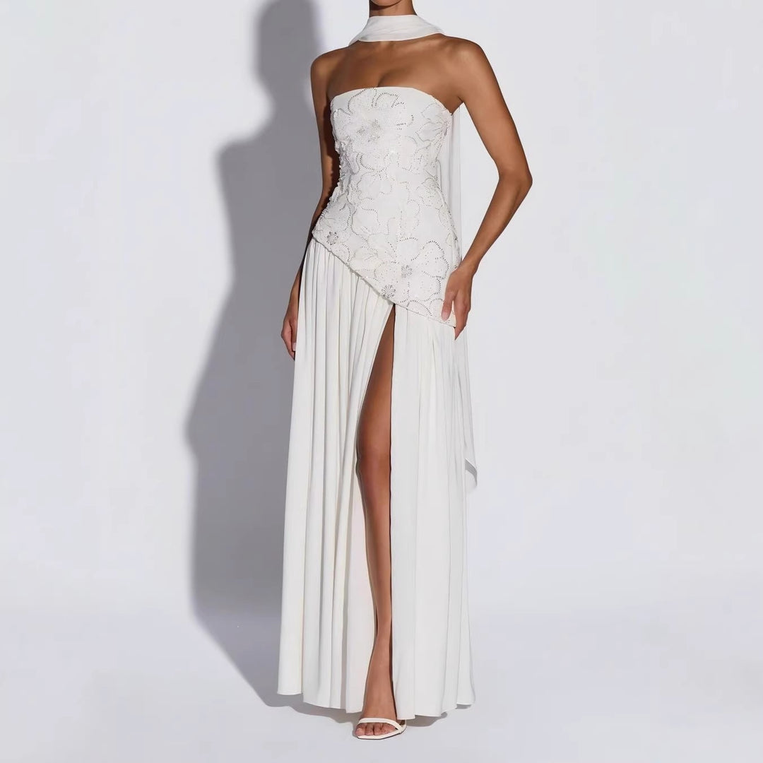 Damen Strapless Abendkleid mit seitlichem Schlitz und floralen Applikationen R&B
