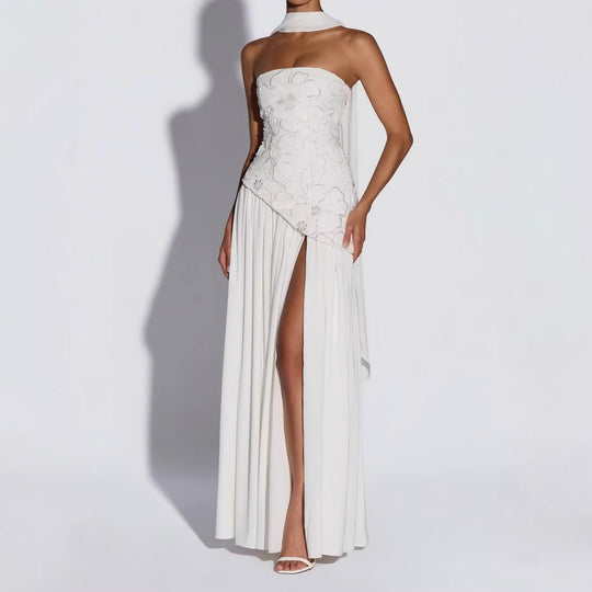 Damen Strapless Abendkleid mit seitlichem Schlitz und floralen Applikationen R&B