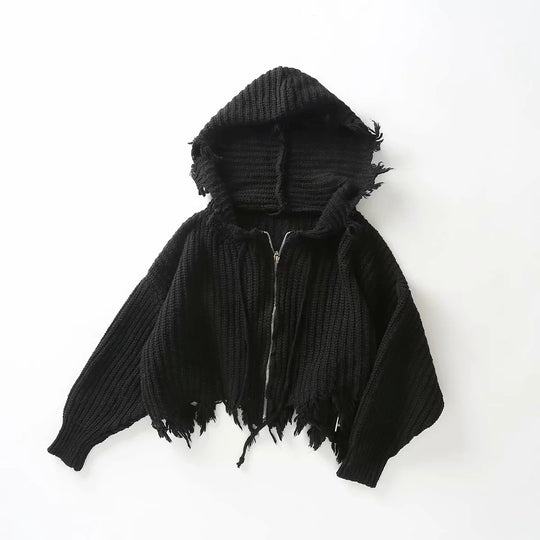 Damen lockerer Strickhoodie mit Übergroßer Kapuze und Fransen R&B
