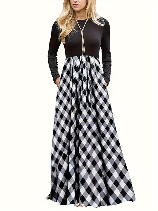 Damen Maxikleid mit modernem Karomuster und langen Ärmeln R&B