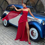 Damen Strapless Maxikleid mit hohem Schlitz und eleganter Choker-Ausschnitt R&B