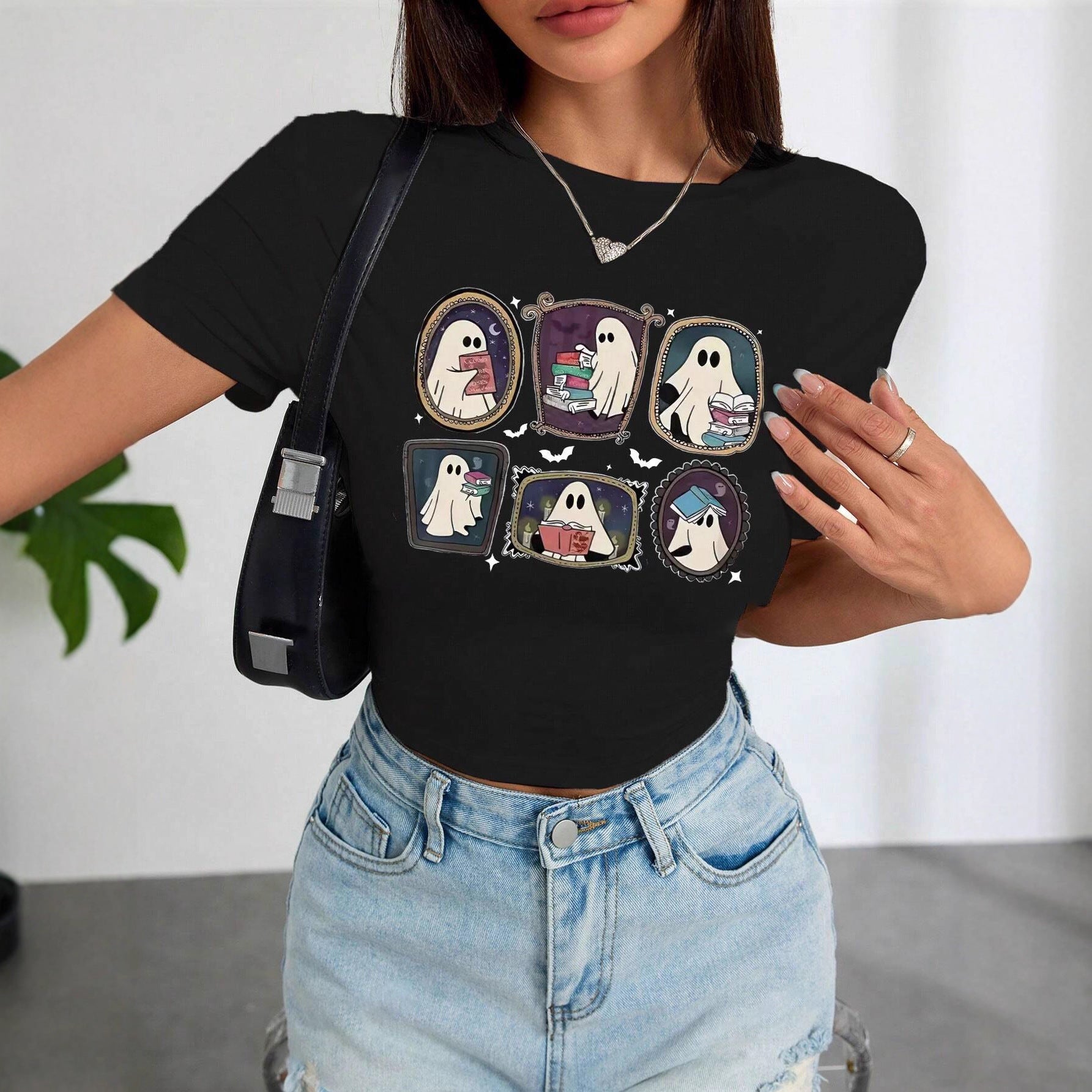 Damen Crop-T-Shirt mit verspieltem Geistermotiv R&B