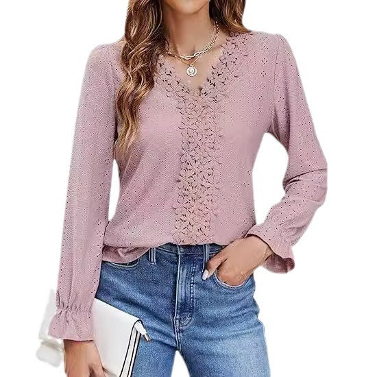 Damen elegante Bluse mit floralem Design und V-Ausschnitt R&B