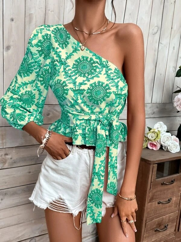 Damen asymmetrisches Oberteil mit voluminösem Ärmel und Taillengürtel R&B