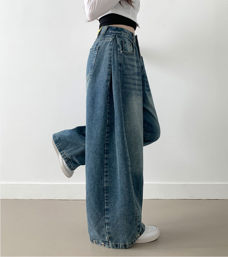 Damen Weite High-Waist Denim-Hose mit Faltenwurf R&B