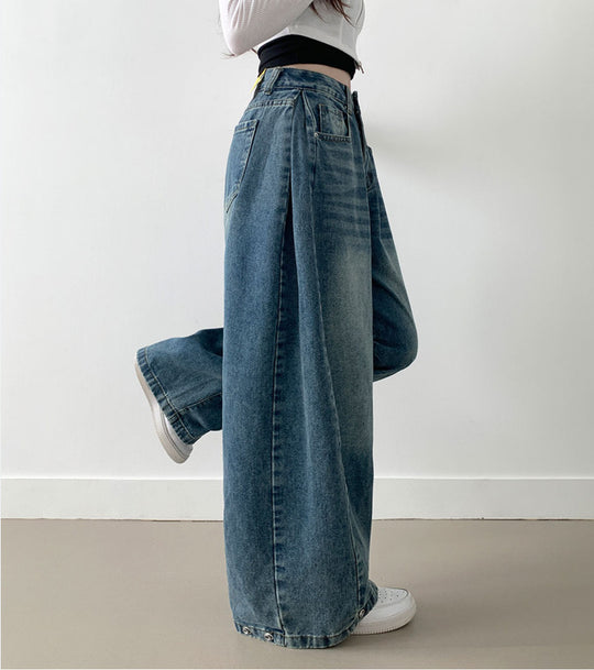 Damen Weite High-Waist Denim-Hose mit Faltenwurf R&B