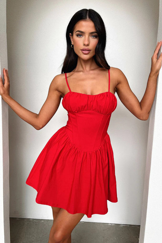 Damen Minikleid mit gerafftem Oberteil und schwingendem Rock R&B