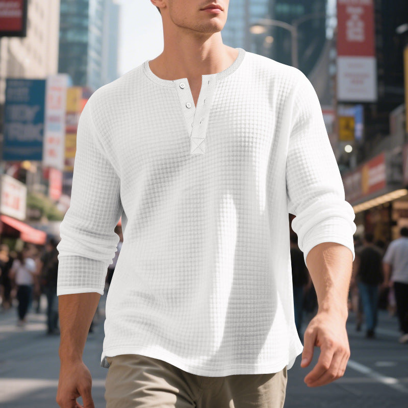 Herren nan thermoregulierendes Waffel-Thermalshirt mit Kurzknopfleiste und gerundetem Saum R&B