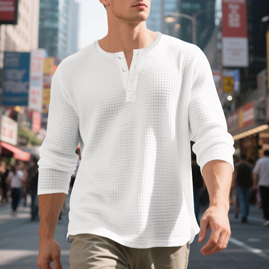 Herren nan thermoregulierendes Waffel-Thermalshirt mit Kurzknopfleiste und gerundetem Saum R&B