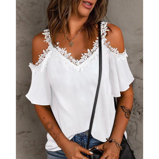 Damen Cold-Shoulder Spitzenbesatz Oberteil R&B