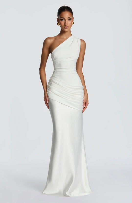 Damen elegantes asymmetrisches Satin-Abendkleid mit Drapé-Design R&B