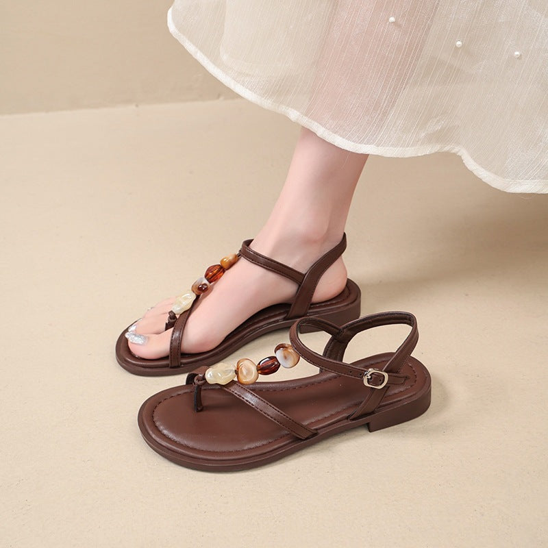 Damen Zehentrenner-Sandalen mit dekorativen Muschel- und Perlenakzenten