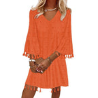 Damen Strandkleid mit elegantem V-Ausschnitt und dekorativen Fransen R&B