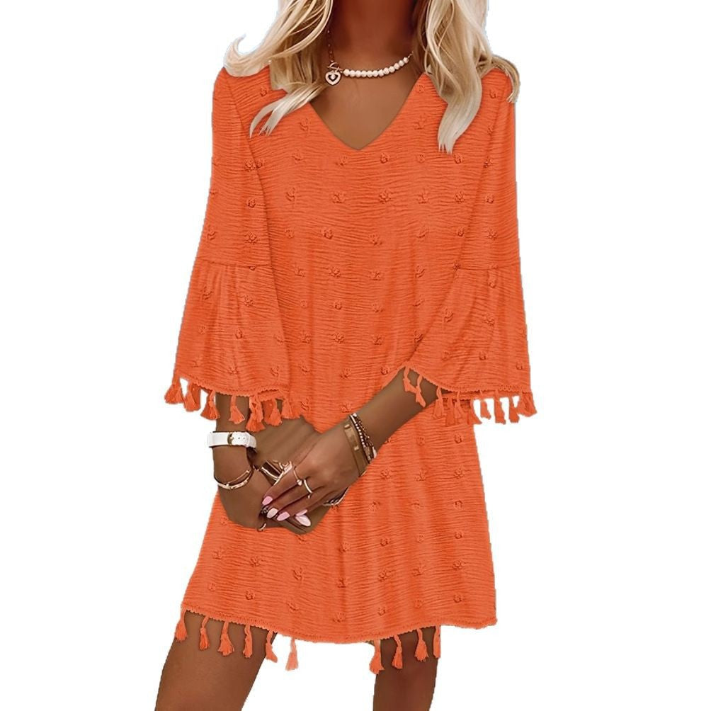 Damen Strandkleid mit elegantem V-Ausschnitt und dekorativen Fransen R&B