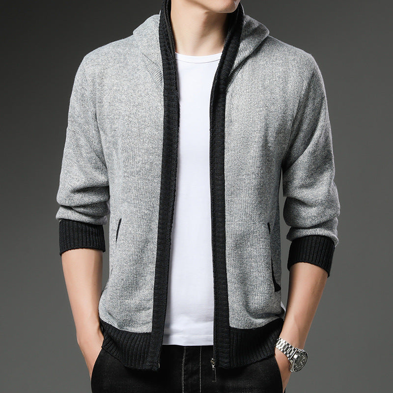 Herren Moderne Strickjacke mit Kapuze und schwarz-weißen Akzenten R&B