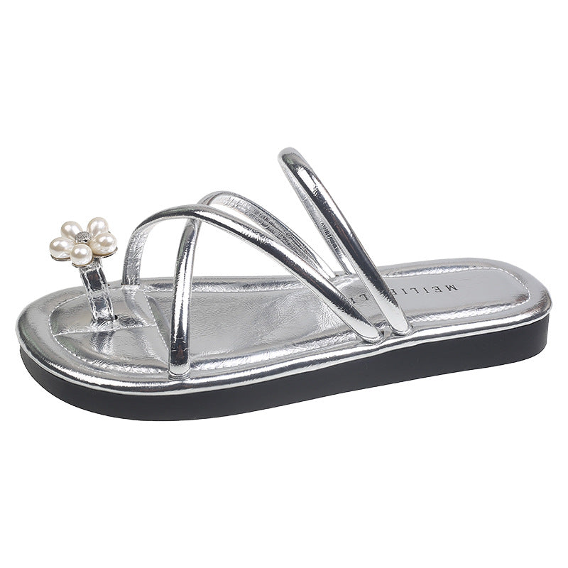 Damen Sandalen mit eleganten Blumendekoren und kunstvollen Kreuzriemen EB