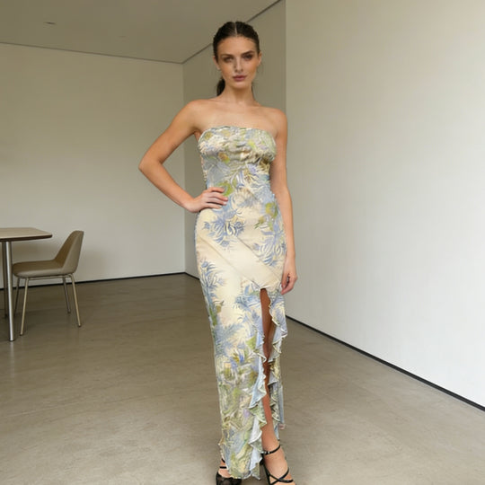 Damen Strapless Maxikleid mit Rüschen und floralem Muster R&B