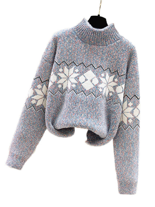 Damen kuscheliger Pullover mit hochgelegtem Kragen und winterlichem Motiv R&B
