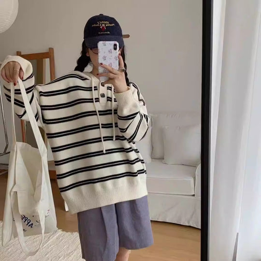 Damen lässiger Streifenpullover mit Knopfleiste und Kapuze R&B