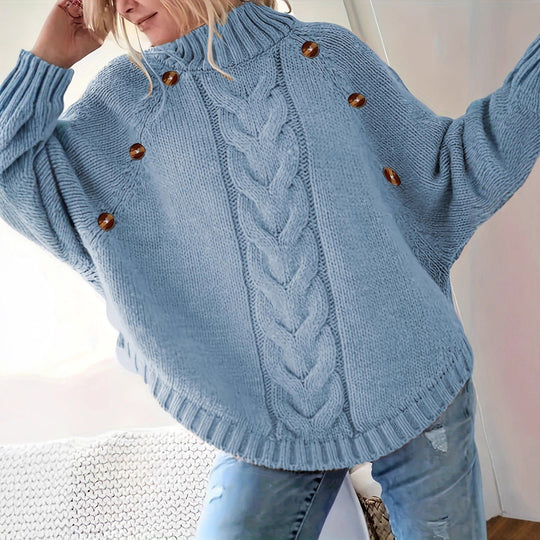 Damen Grobstrickpullover mit hochgeschlossenem Kragen und dekorativen Knöpfen R&B
