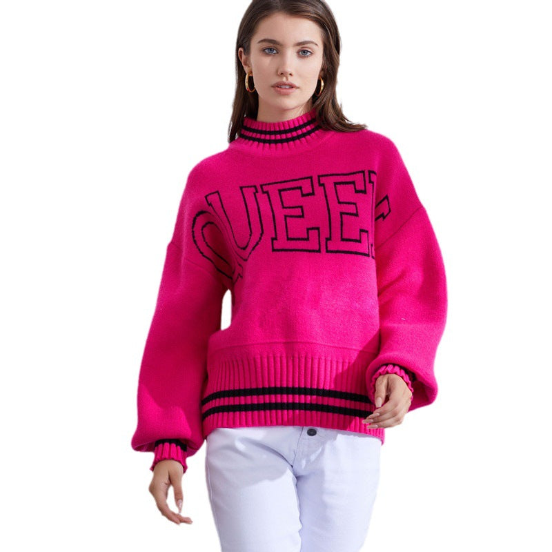 Damen sportlicher Pullover mit hohem Kragen und modischem Schriftzug R&B