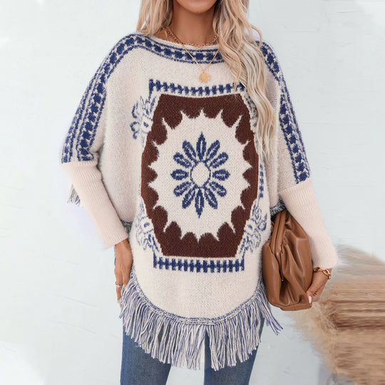 Damen eleganter Strickponcho mit kunstvollem Muster und fransigem Abschluss R&B