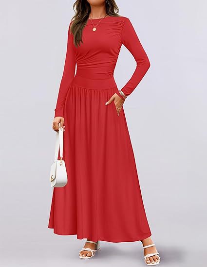 Damen Langärmliges Maxikleid mit eleganten Rüschendetails und praktischen Taschen R&B