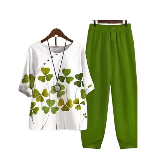 Damen nan zweiteiliges Freizeitset mit Kleeblatt-Print-Tunika und elastischer Komfortbund-Hose R&B