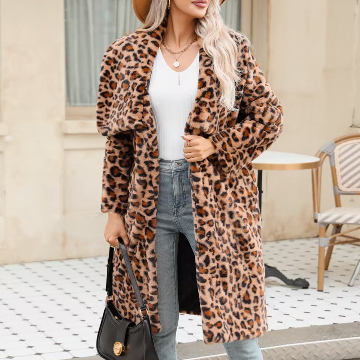 Damen Langärmeliger Leopardenmuster Plüschmantel R&B