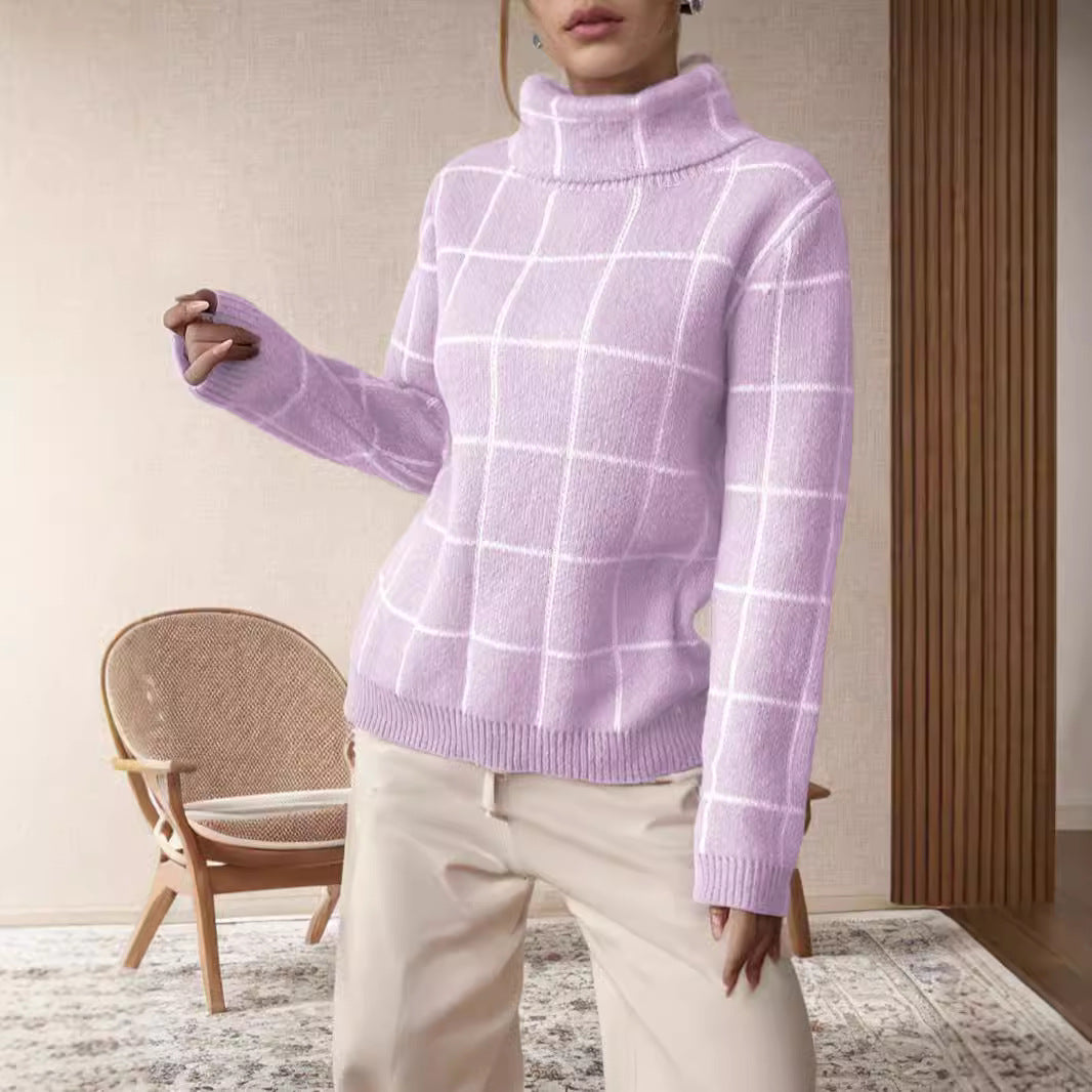 Damen Grobstrickpullover mit modernem Karomuster und hohem Kragen R&B