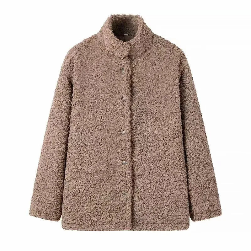 Damen kuschelige Fleecejacke mit hohen Kragen und Druckknopfverschluss R&B