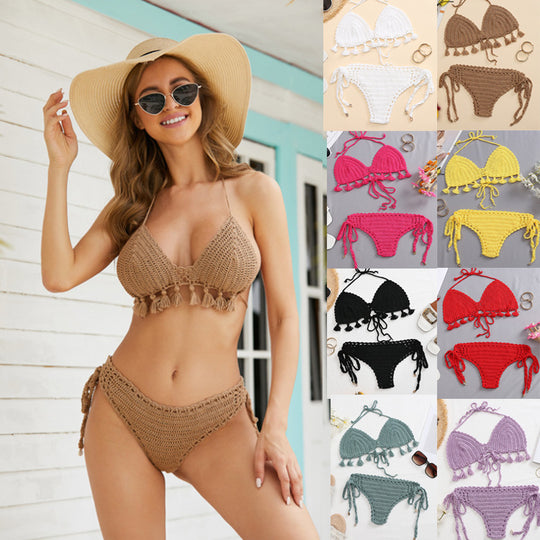 Damen Häkel-Bikini-Set mit fransigen Akzenten und verstellbaren Trägern R&B