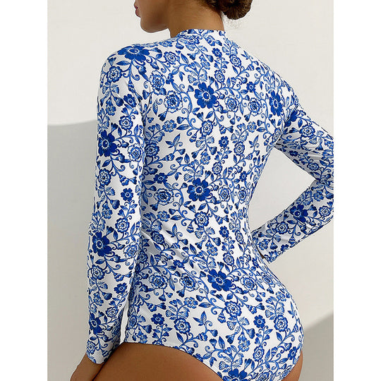 Damen Einteiliger Badeanzug mit hochgeschlossenem Kragen und floralem Muster R&B