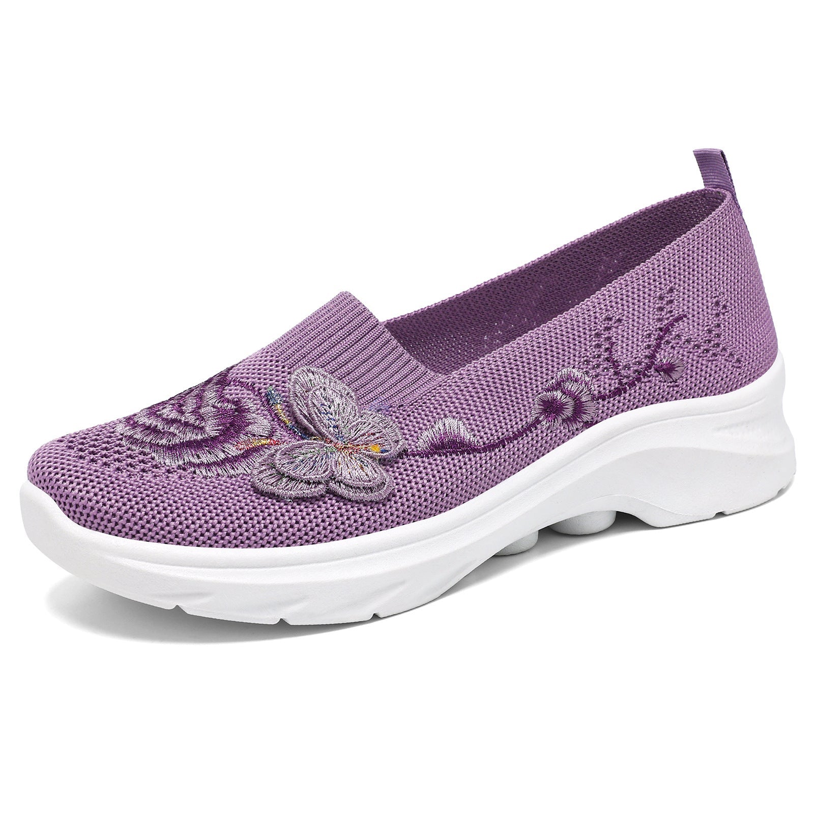 Damen nan gestrickte Slip-On Slipper mit Schmetterlings-Stickapplikation und dämpfender EVA-Plateausohle R&B
